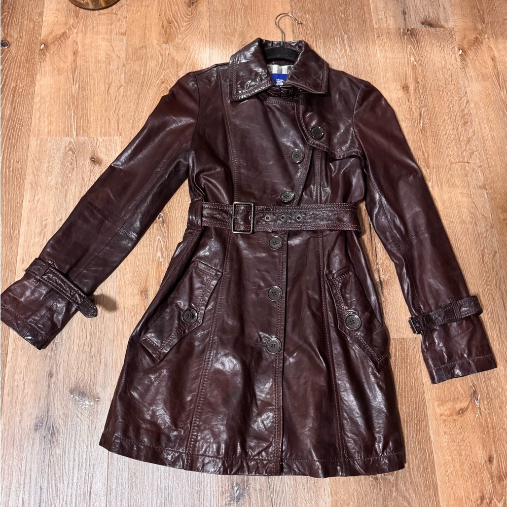 Burberry Burgundy Chocolate Brown Leather Trench Coat Size 38 (US 2) - Picture 4 of 6